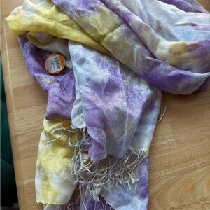 Watercolor Purple Yellow Scarf Fringe Handmade Silk Al Jaber Gallery new tags